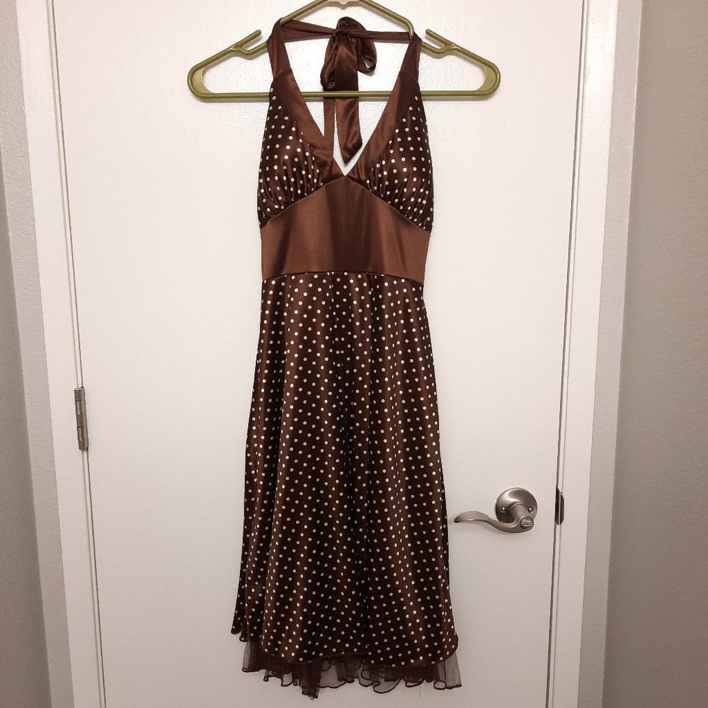 Brown with White Polka Dot Pin Up Style Halter Dress with Small Petticoat